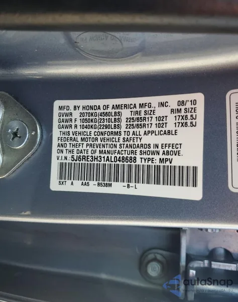 2010 Honda Cr-V Lx z USA, uszkodzony, nr VIN 5J6RE3H31AL048688